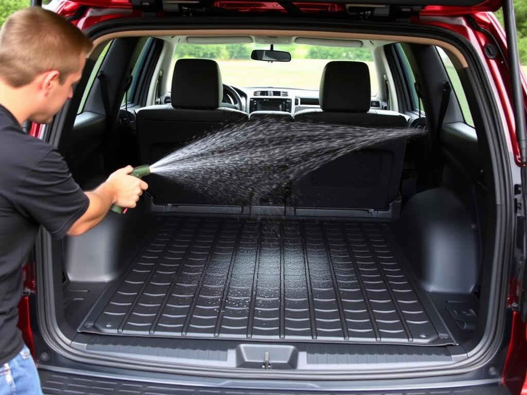 Cleaning a Toyota 4Runner cargo liner with hose