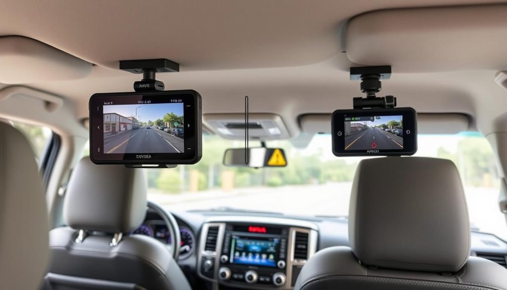ROVE R2-4K Dual Dash Cam installed in Toyota Land Cruiser showing front and rear camera views ROVE R2-4K Dual Dash Cam installed in Toyota Land Cruiser showing front and rear camera views