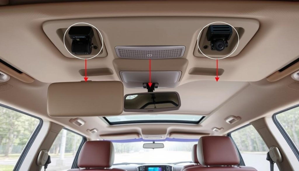 Toyota Land Cruiser dashboard with various dash cam mounting options highlighted Toyota Land Cruiser dashboard with various dash cam mounting options highlighted