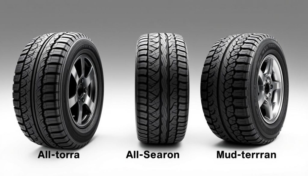 Different types of tires suitable for Toyota Tacoma displayed side by side