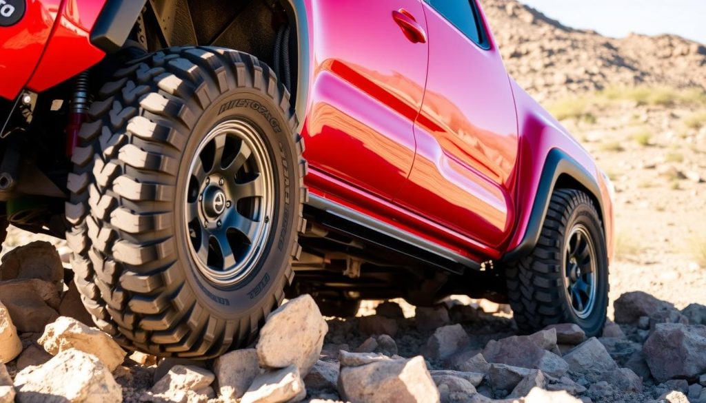 Toyota Tacoma with Nitto Ridge Grappler tires on rocky terrain